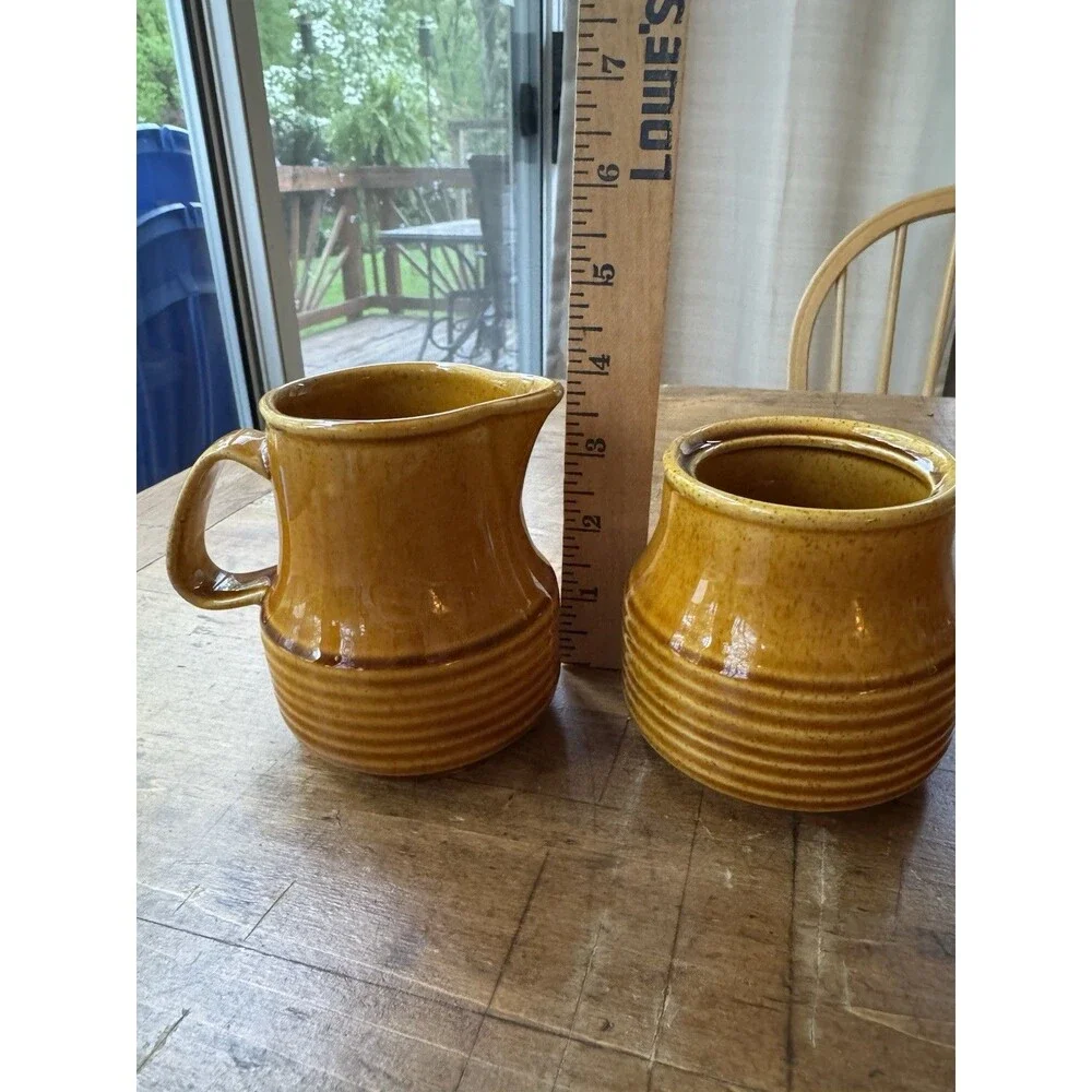 Homer Laughlin Co. Brown/Mustard Glazed Pottery Creamer And Sugar Set  No Lid